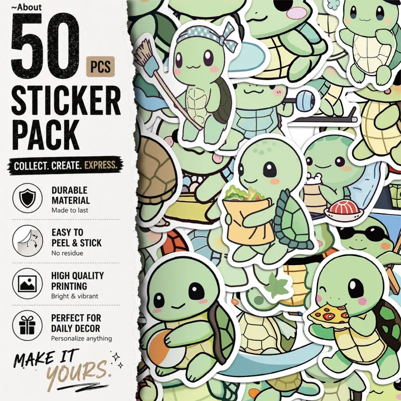 50PCS Silly Turtle Aesthetic Vinyl Stickers Pack for Laptop Water Bottle Phone Case Skateboard Journal Scrapbook DIY Decoration