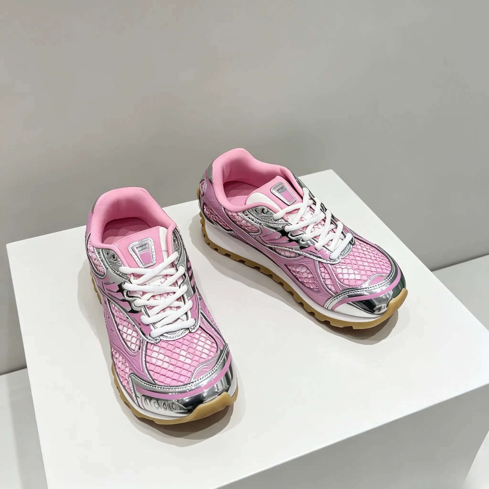 Women Pink Silver Mesh Retro Sneakers, Breathable Metallic Trim Gum Sole Athletic Running Trainers Y2K Daily Street Shoes