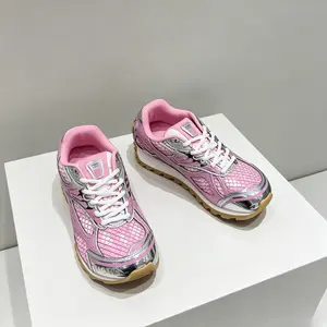 Women Pink Silver Mesh Retro Sneakers, Breathable Metallic Trim Gum Sole Athletic Running Trainers Y2K Daily Street Shoes