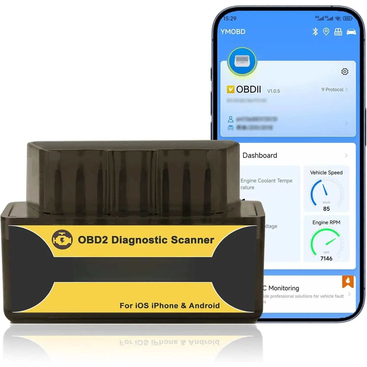 OBD2 Scanner with ELM327 Adapter - Compact Auto-Pairing Code Reader Diagnostic Tool for iOS & Android, Check Engine Light for 1996 & Newer Cars/SUVs, Error Codes