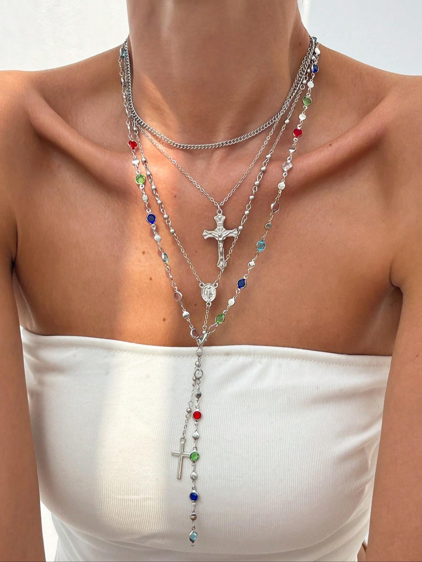 4 Piece Vintage Metal Jesus Cross Y-Style Long Necklace Set, Stunning Bohemian Colorful Crystal Pendant for Women, Perfect for Everyday and Vacation Wear, Layered Necklaces