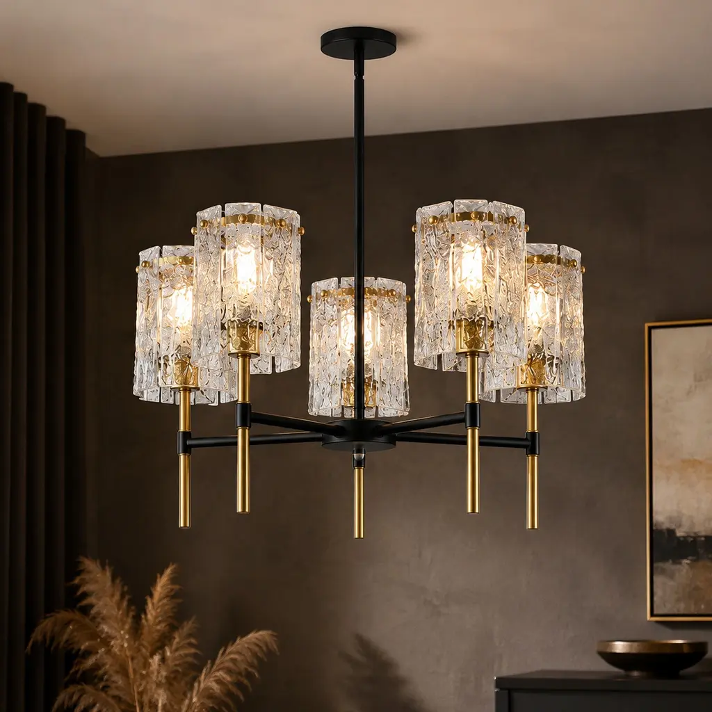 Modern 5-Light Black and Gold Chandelier Pendant Light with Textured Water-Ripple Glass Shades, Electroplated Gold Finish, Adjustable Height, E26 Base, for Living Room Dining Room Entryway, Bulbs Not Included, Black/Gold Color Options