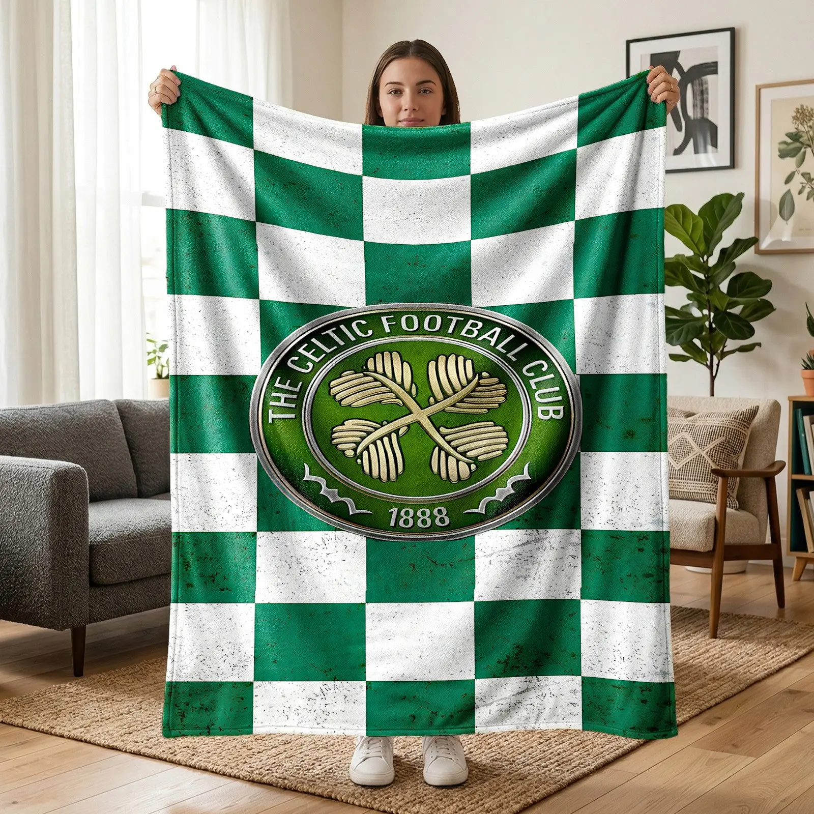 1pc Celtic Football Club Checkered Badge Fleece Blanket, Vintage Green And White Checkboard, Metallic Shamrock Crest, 1888 Year Text Print. Soft Warm Multi-use Throw for Sofa, Bed, Office, Camping, Ideal Birthday & Christmas Gift.