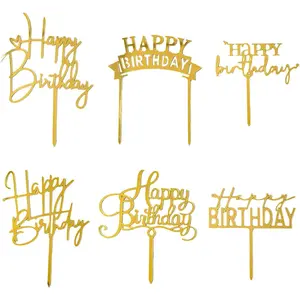 Gold Birthday Cake Topper, 6pcs Acrylic Birthday Cake Toppers Happy Birth Cake Toppers for Decorations Gold Topper for Girls Women's Party Decorations