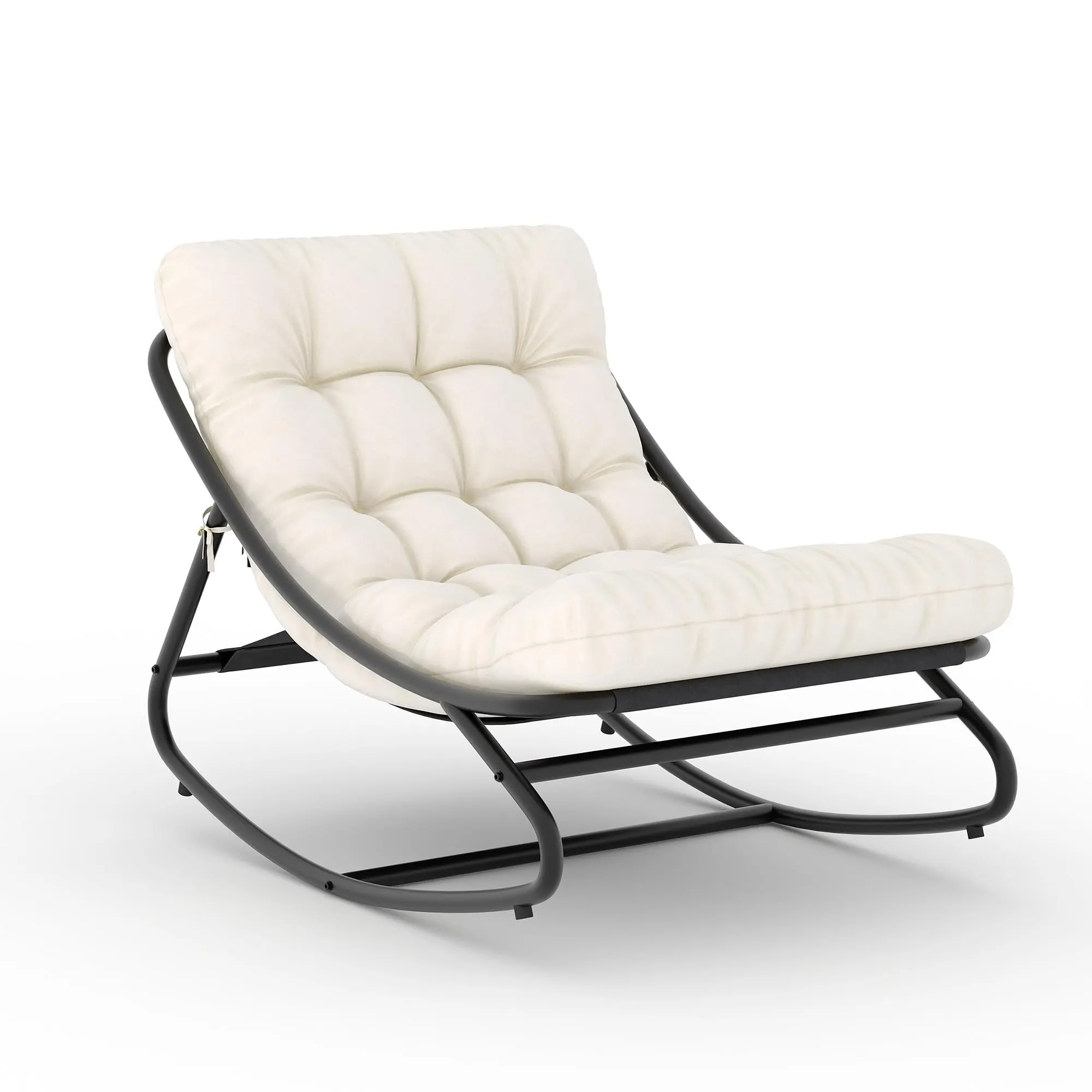 Heavy Duty Metal Oversized Papasan Rocking Chair with Thick Waterproof All-Weather Cushions, Modern Indoor Outdoor Patio Rocker Lounge for Porch, Garden, Backyard & Living Room