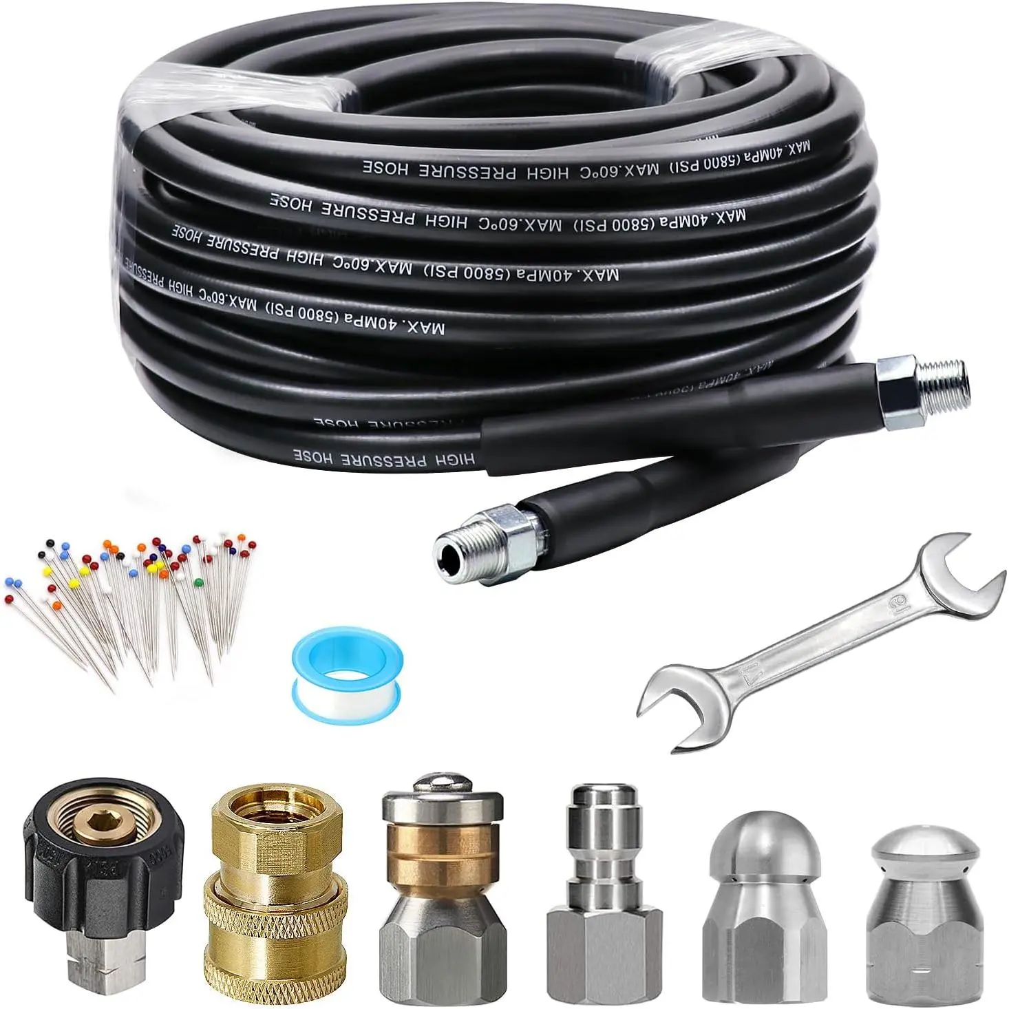 Sewer Jetter Kit 25 FT for  Washer, 5800 PSI Drain Cleaner Hose 1/4 Inch NPT Corner Rotating and Button Nose Sewer Jetting Nozzle Spanner WatertightTape  Corsage Pin