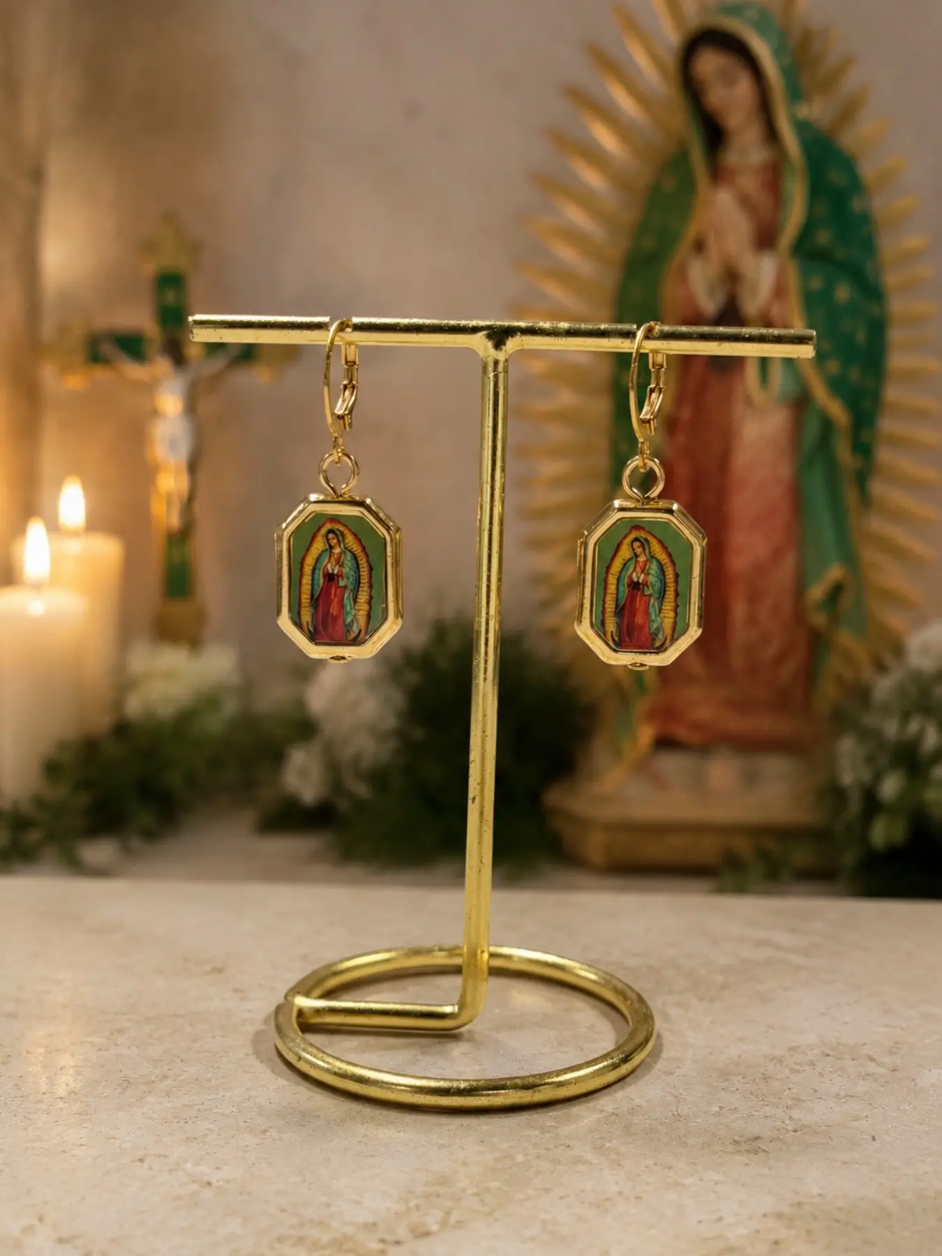 Guadalupe Virgin Mary Earrings, Saint Judas Retro Religious Catholic Blessing Round Octagon Resin Ear Cuffs, Casual All-Season Jewelry