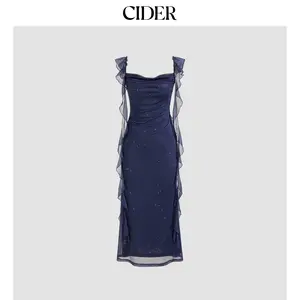 Cider Cowl Neck Solid Glitter Ruffle Hem Maxi Dress – Lined & Light Weight Sleeveless Dealsforyou