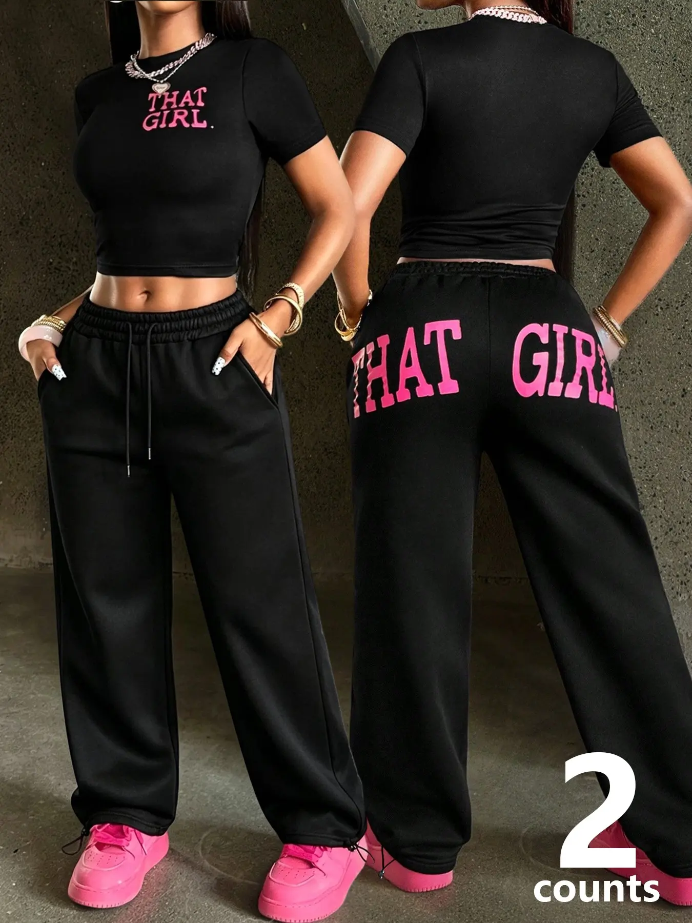 Women's 2-Piece Outfit, Short Sleeve Letter Print Crop Top And Drawstring Sweatpants Set, Suitable For Daily Street Style Casual Wear