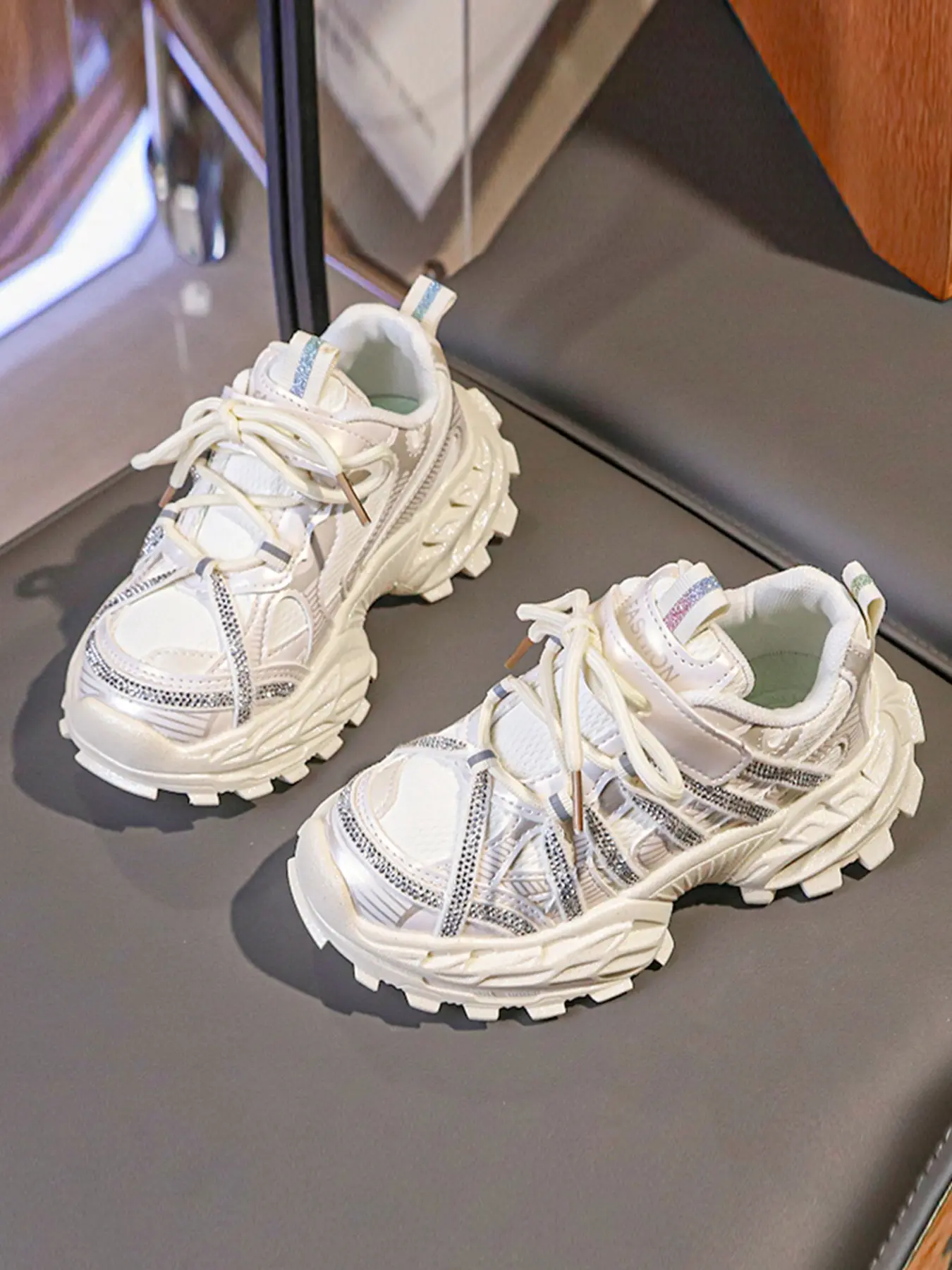 Girls' Silver Color Rhinestone Reflective Stripe Mesh Breathable Flyknit Shoes, Nonslip Trainers, Anti-Slip Shock Absorbing Wide Round Toe, Velcro Thick Sole