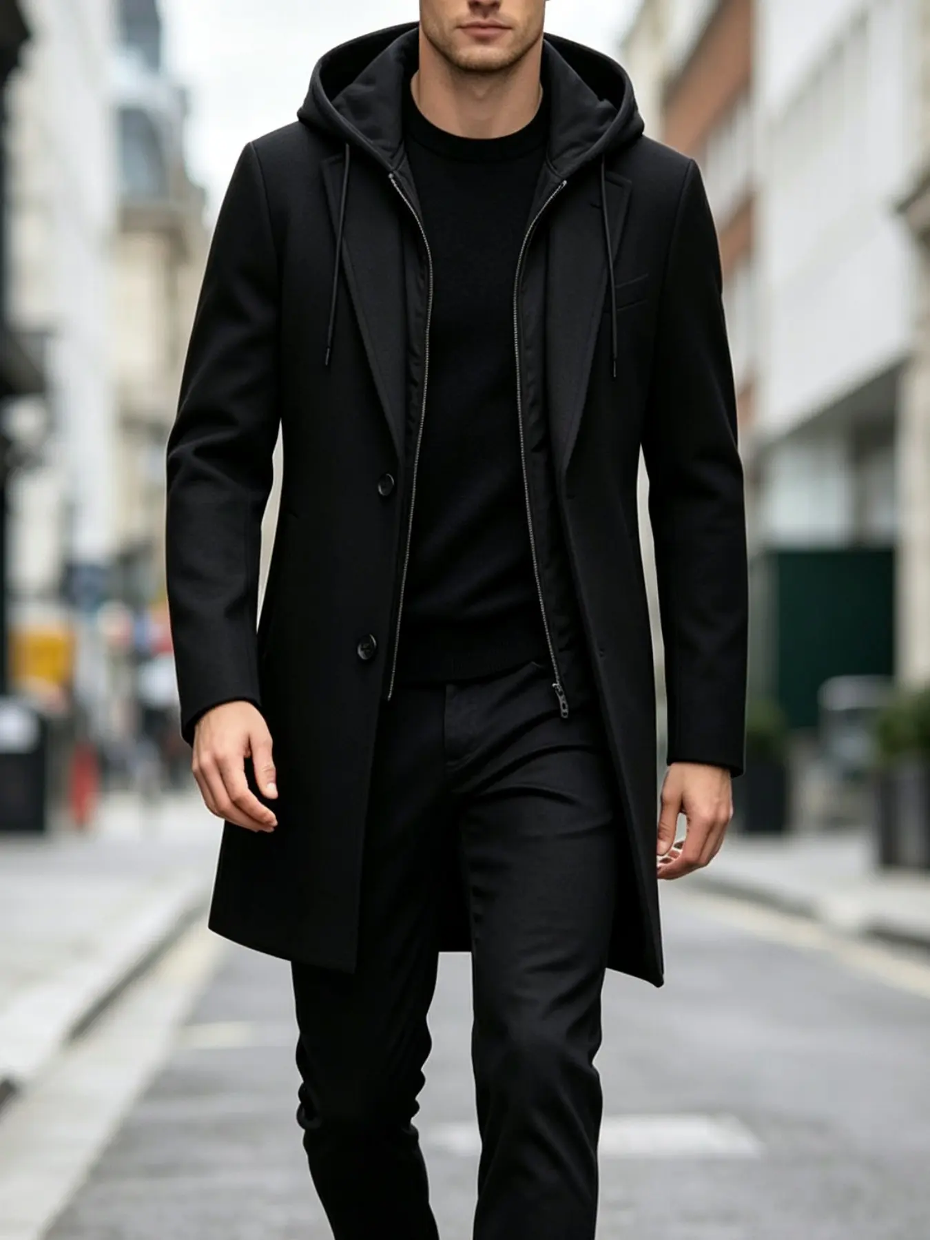 Ainwear Men Stylish Hooded Trench Coat, Detachable Hoodie Inner, Zip Layer, Single Breasted, Mid-Length, Casual Overcoat Jacket