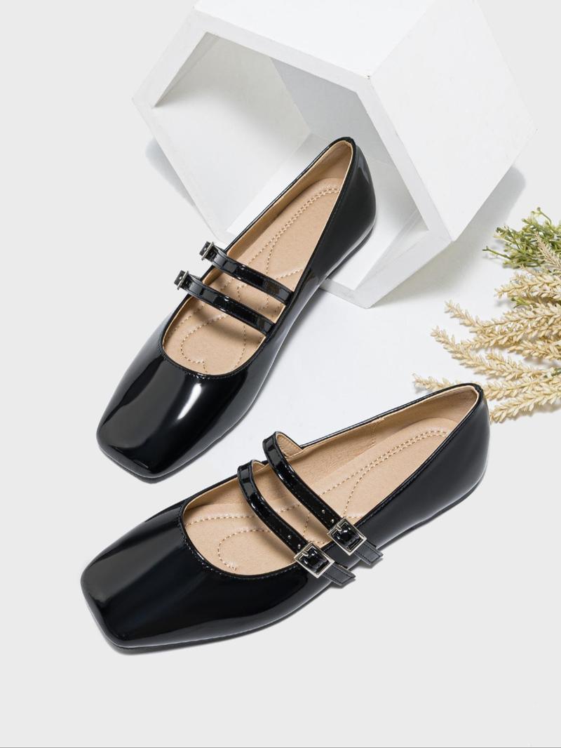 Women's Fashionable PU Leather Square Toe Mary Jane Shoes, Casual Comfortable Flat Shoes for Daily Wear, Lightweight Breathable Shoes for All Seasons, Party Shoes