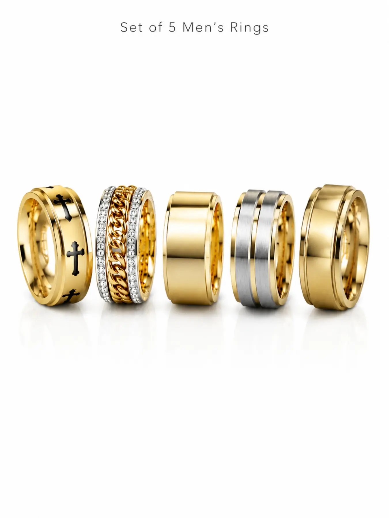 Set of 5 Men’s Rings, Rotatable Fidget Spinner Bands, Cross Inlay, Cubic Zirconia, Hypoallergenic, Streetwear Jewelry Gift
