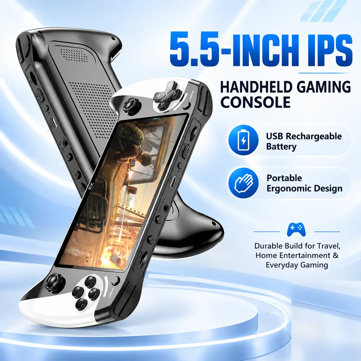 5.5-Inch IPS Handheld Gaming Console with USB Rechargeable Battery, Portable Ergonomic Design and Durable Build for Travel, Home Entertainment and Everyday Gaming