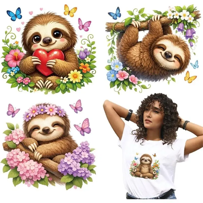 arricraft 4 Sheets Sloth Theme Iron on Stickers, Butterfly Flowers and Plants Fun Sloth Trees Print Transfer Stickers Decals for DIY T-Shirt Jeans Backpacks Families Clothing Hat Decoration Applique