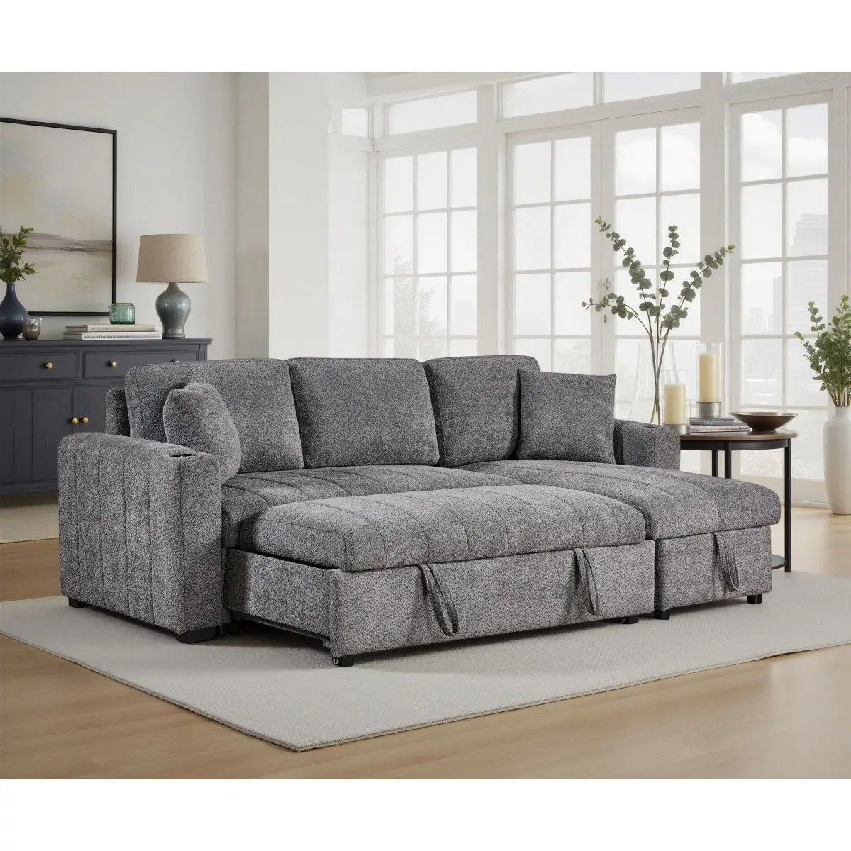Noemi II 96 in Gray Boucle Fabric Reversible Sleeper Sectional Sofa - Sofa Sectional Couch with Storage Chaise, Cupholders, USB Charging Port, Throw Pillows, Pull-Out Bed, Easy Setup