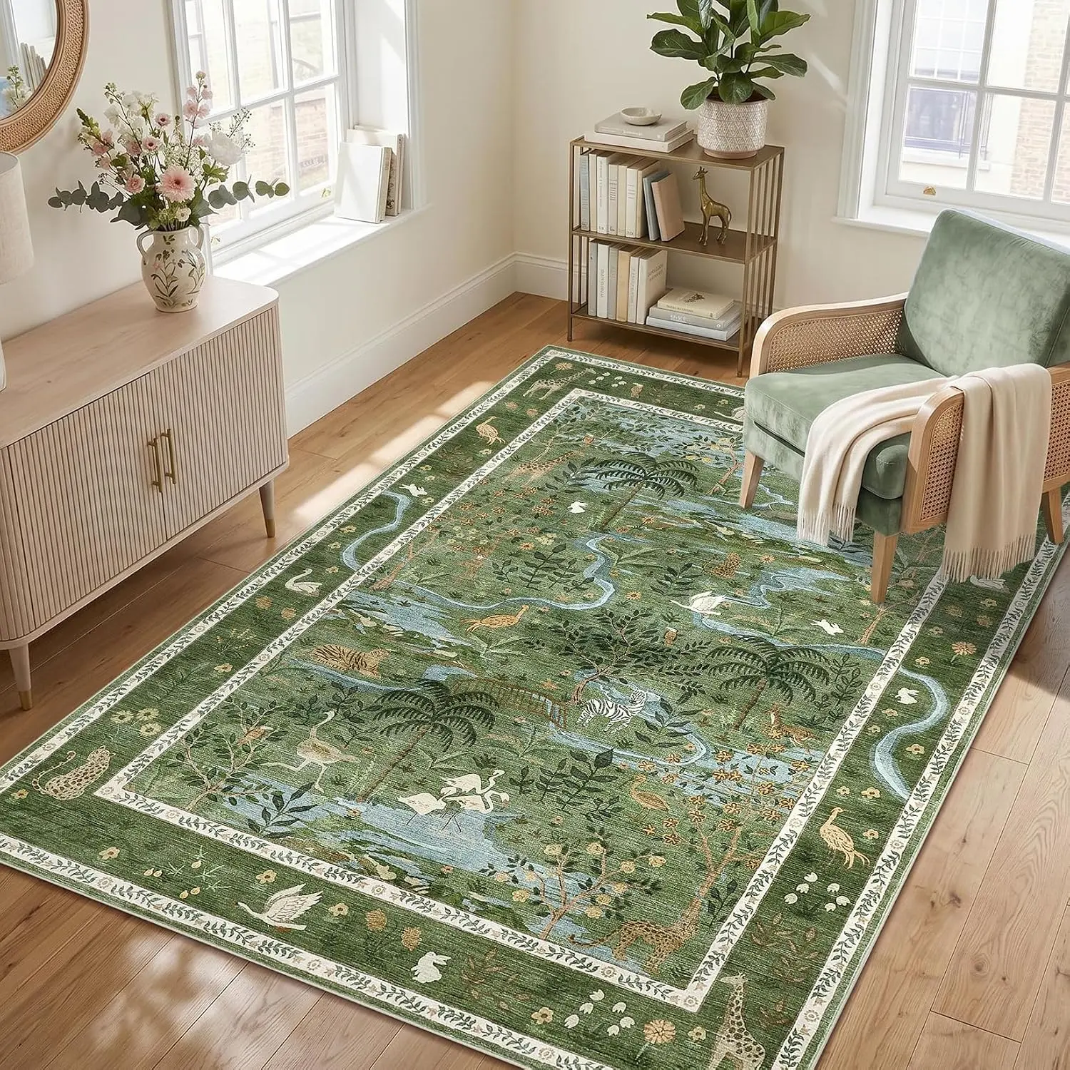 Washable Area Rug 5x7 Green Animal Print Rugs for Nursery Non Slip Stain Resistant Forest Fairy Tale Throw Carpet Low Pile Whimsical Safari Area Rugs for Entryway Girls Bedroom Dining Room, Green