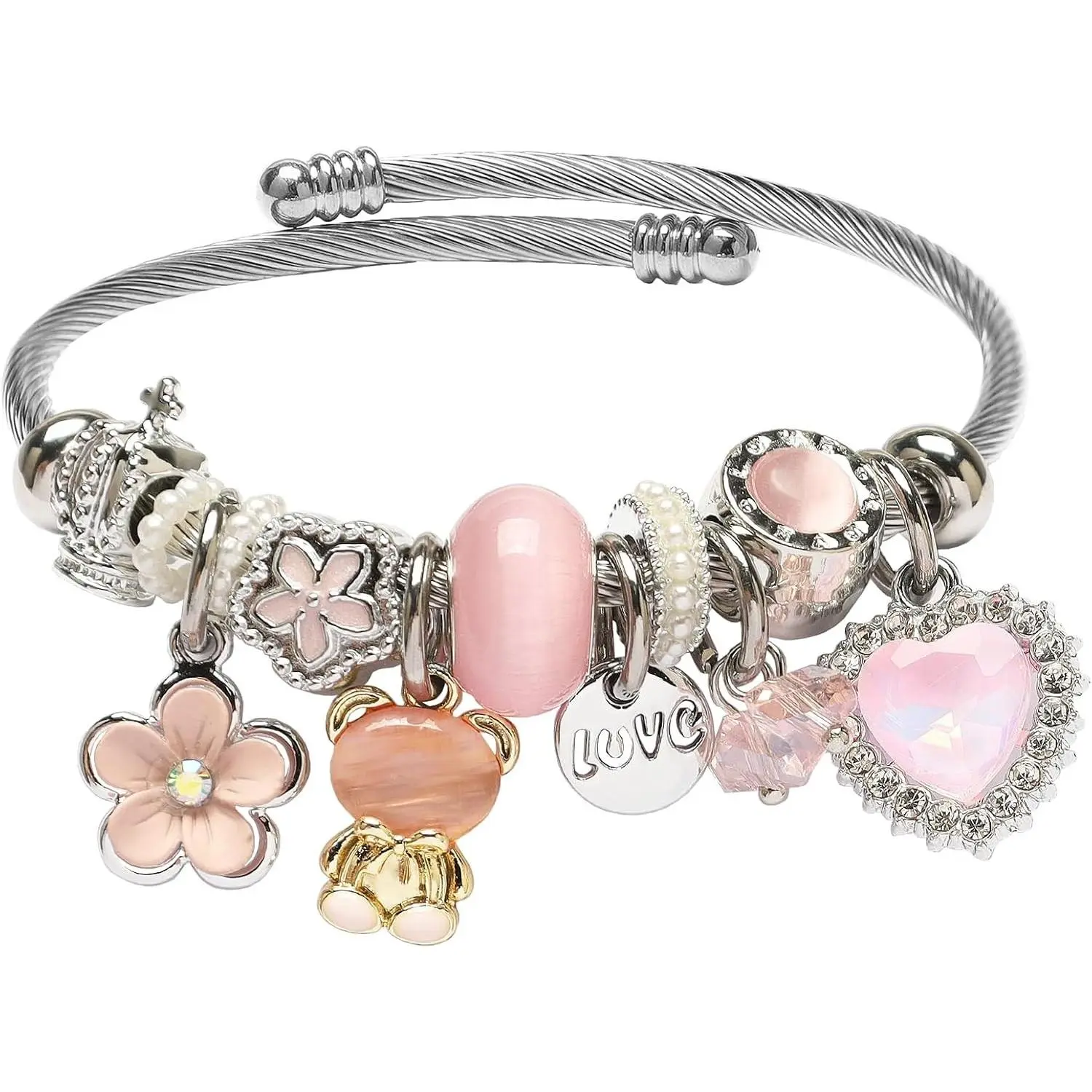 Charm Bracelets for girls,exquisite cute cartoon friendship bracelets Silver Stainless Steel Bangle with birthday Gift box, Adjustable girls jewelry Suitable for holiday gifts