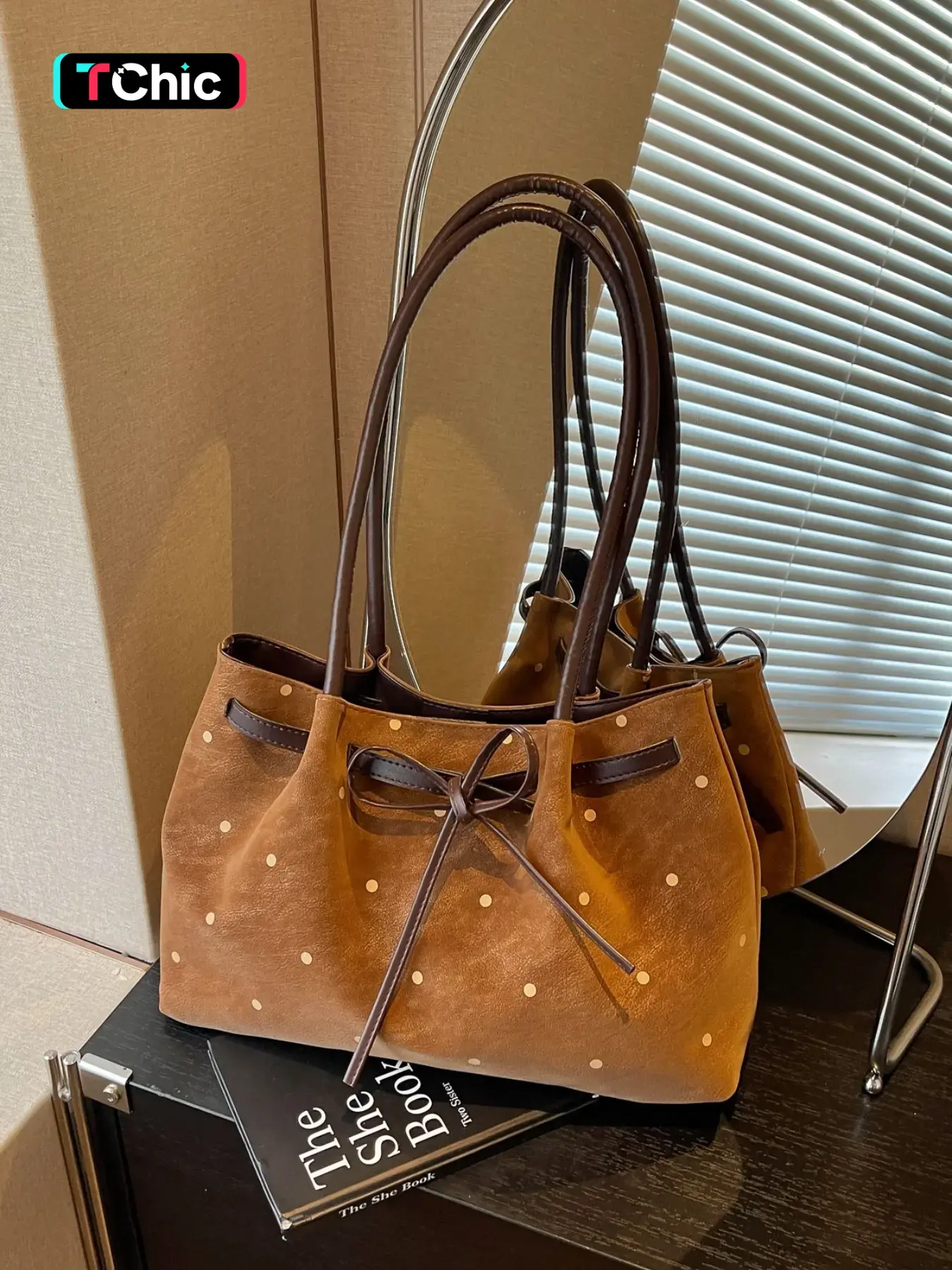 New Vintage Distressed Suede Polka Dot Tote Bag  Four Colors Black Brown Beige Coffee Retro Earth Tone Magnetic Buckle Bow Large Capacity Aesthetic Shoulder Handbag Shoulder Crossbody Bag For Office Ladies Everyday Work Bag