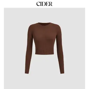 Cider [size 2-26] Knit Round Neckline Solid Long Sleeve Crop Top