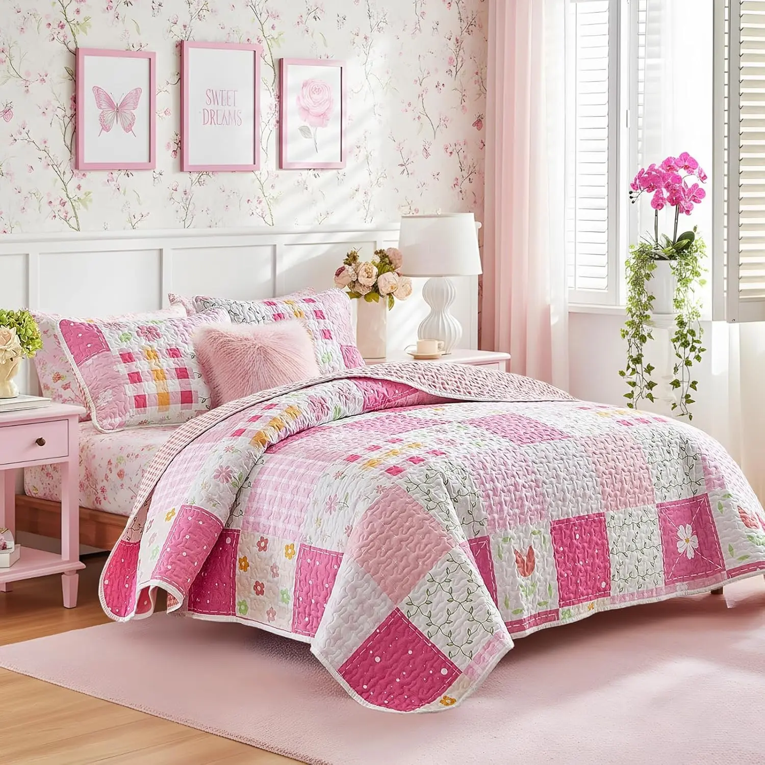 Patchwork Quilt Set Twin Size 2 Pieces White Pink Floral Plaid Reversible American Country Bedspread Coverlet Set for All SeasonSummer Soft Colorful Flowers Botanical Microfiber Bedding Set