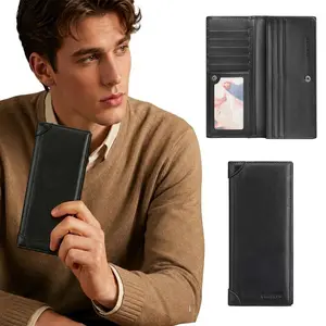 1pc Men Long Bifold Wallet RFID Blocking Genuine Leather Billfold Multi Card Slots ID Window Cash Pocket Thin Purse For Business Daily Travel Gentleman Portable Large Capacity Money Clip Zipper Coin Pocket Handheld Pocket Accessory
