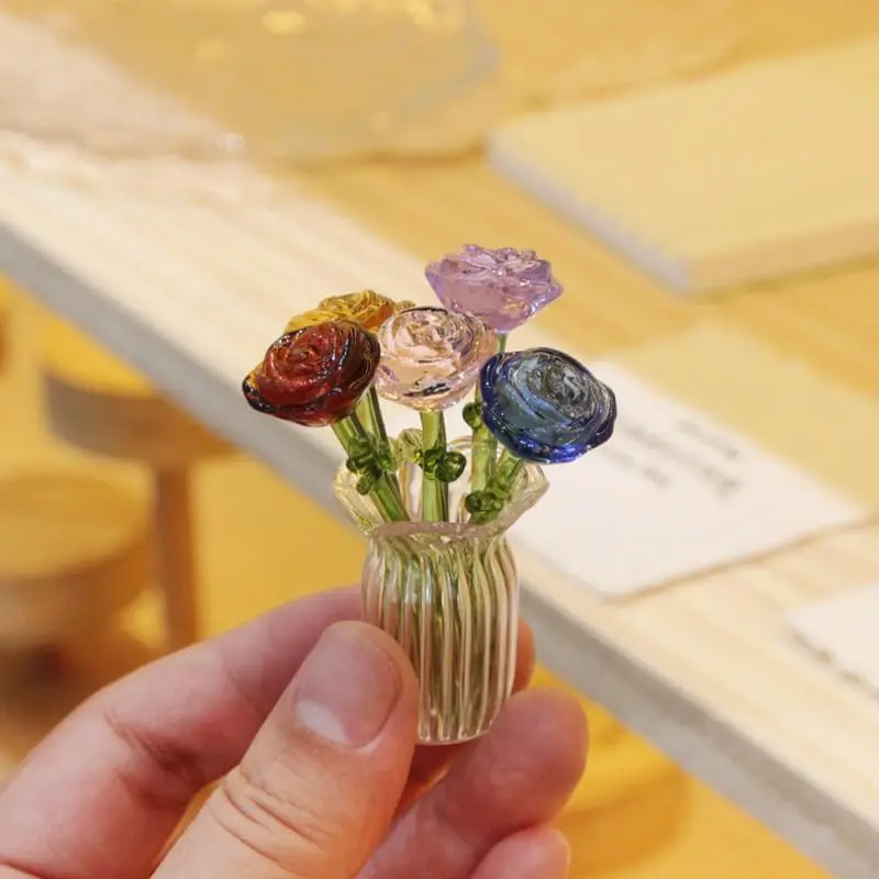 6Pcs Mini Glass Rose Flowers Bouquet with Vase Tiny Colorful Rose Flower Ornaments Package in Clear Box for Mini Vase Decor, DIY Crafts, Mother’s Day, Birthday