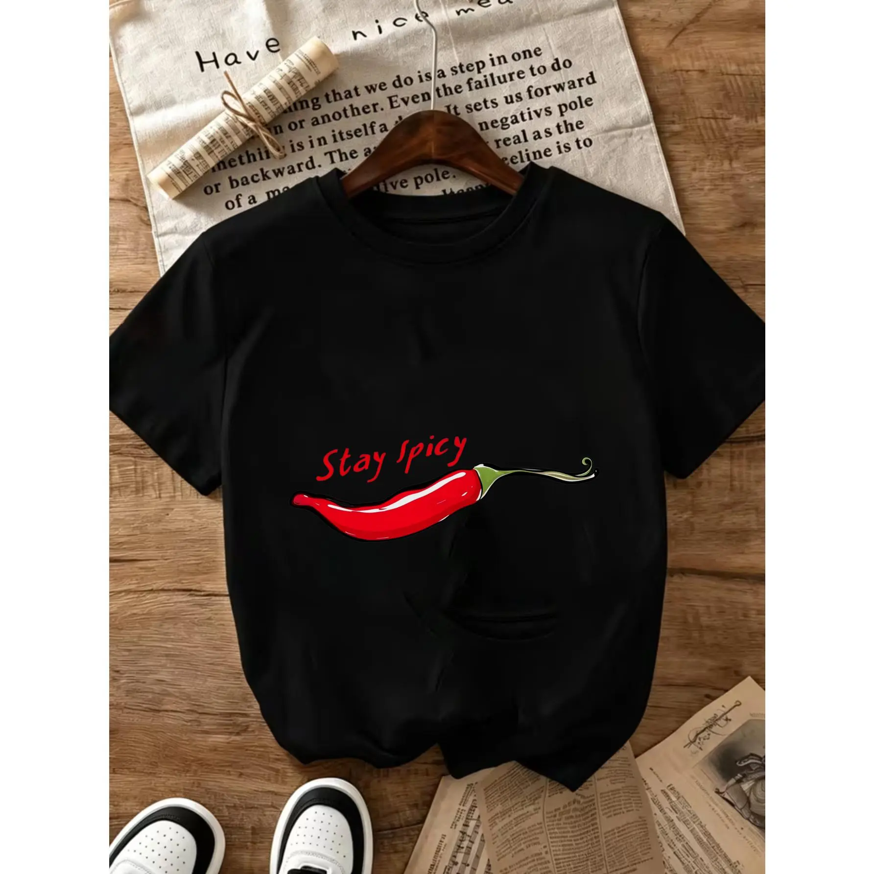 Lady's New Arrival Short-Sleeve Cotton Fabric Round Neck Casual T-Shirt, Funny Stay Spicy Chili Pepper Graphic, 100% Comfortable Plus Size, Spring Summer Wear, Local Delivery, Shortsleeve, Top
