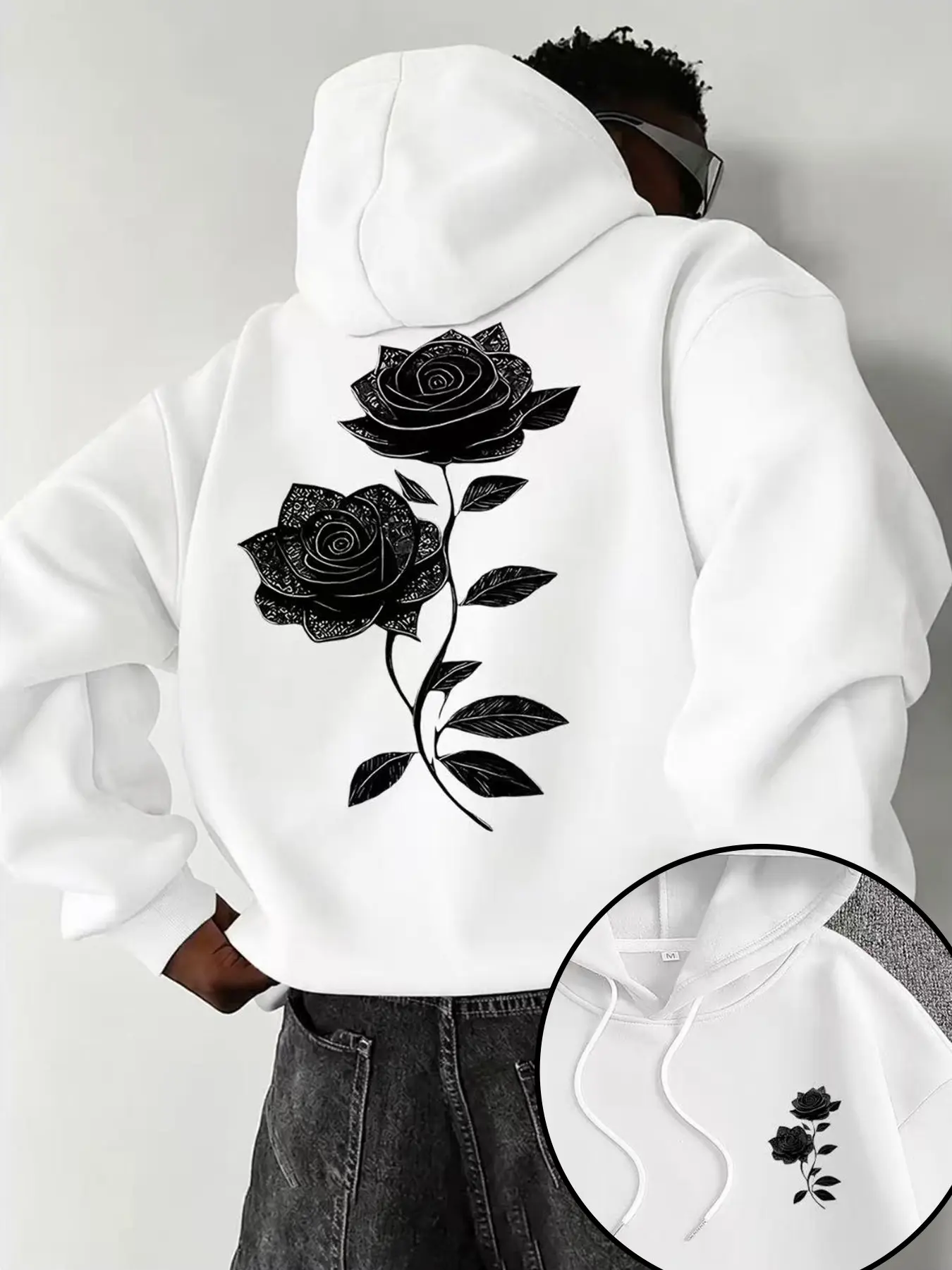 Men's Rose Pattern Floral Hoodie, Unisex Casual Sweatshirt, Loose-Fitting Graphic Pullover, Fall & Winter Outdoor Wear