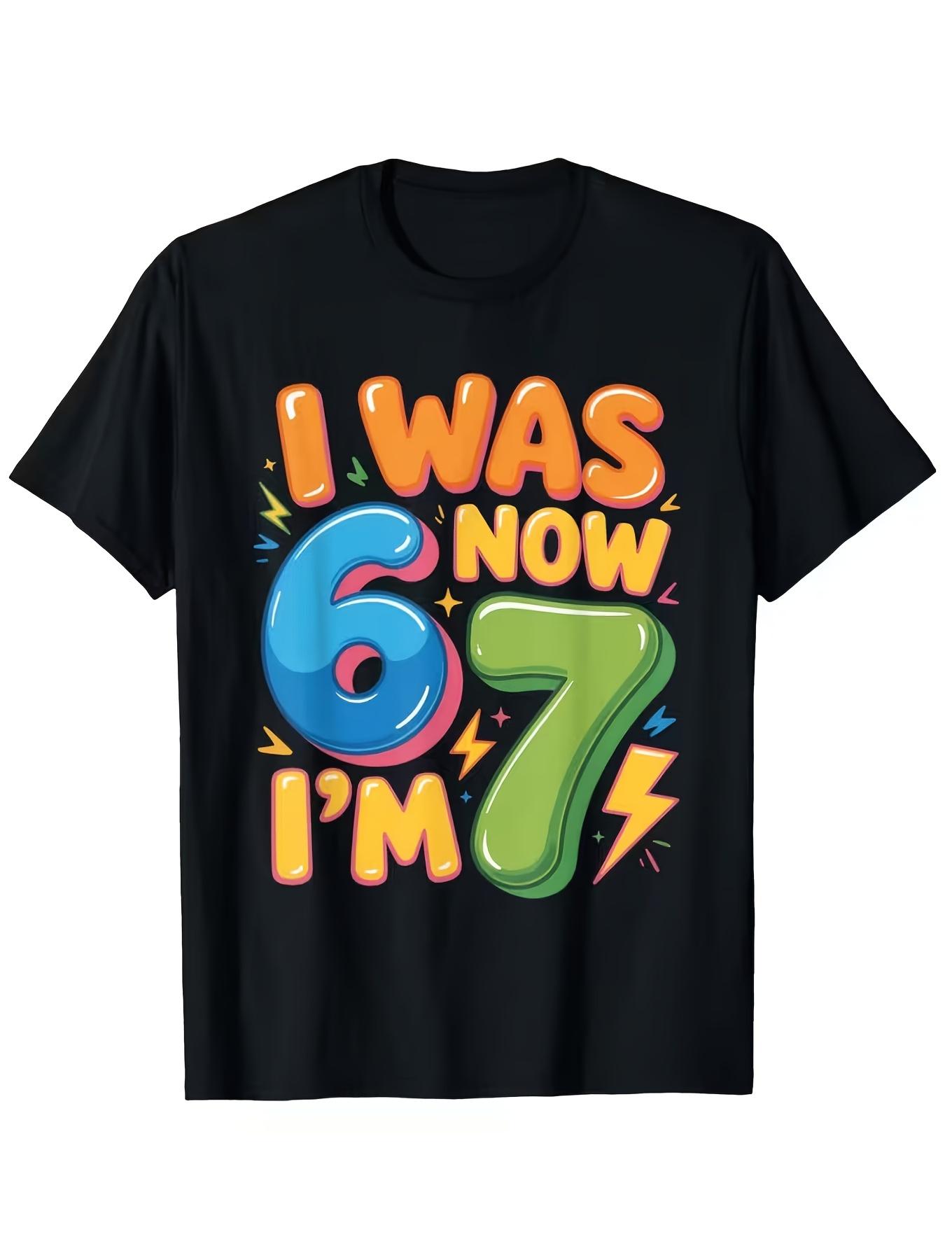 7th Birthday T-Shirt - Fun "I'm 6, Now I'm 7" Number 67 Design with Balloons and Confetti - Soft, Breathable Crewneck Casual Tee for 7-Year-Old Boys - Comfortable All-Season Birthday Party Outfit - Ideal Gift for 7th Birthday Celebrations