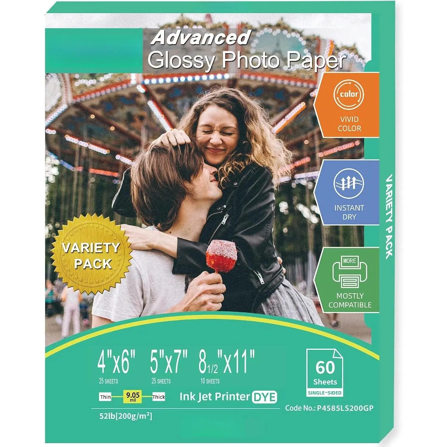 Glossy Photo Paper 4x6, 5x7, 8.5x11, 60 Variety Pack Bulk,  Sizes, Inkjet printer, 52lb/200gsm