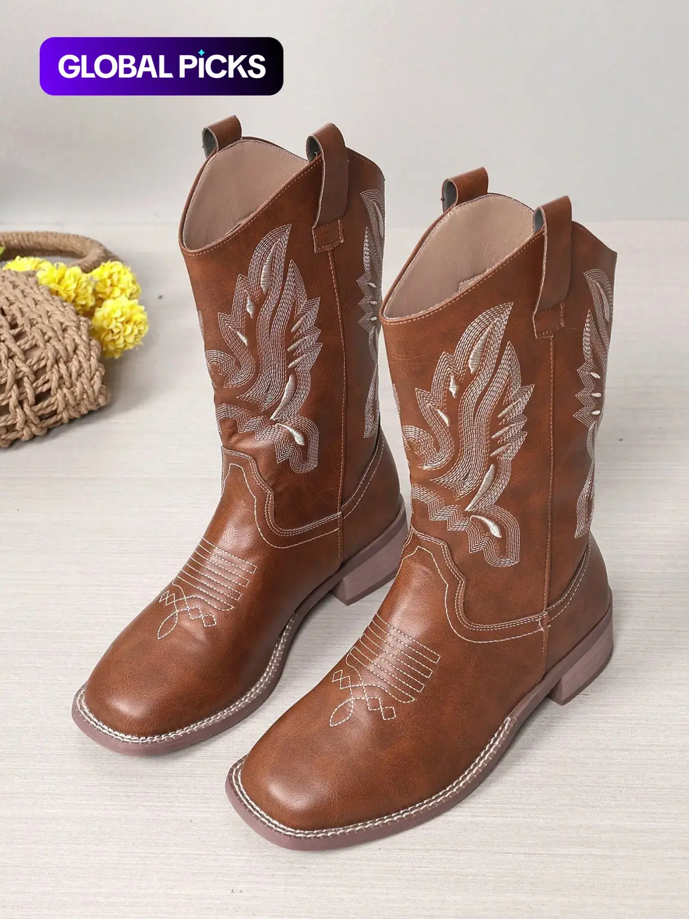 Women's Vintage Classic Embroidered Western Cowgirl/Cowboy Boots, Fashionable Ethnic Style, Slip-On Square-Toe Mid-Calf Embellished Riding Boots