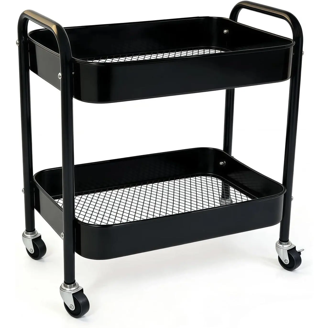 2 Tier Metal Rolling Utility Cart with Wheels Under Desk Storage Cart with Handle, Roll Around Organizer Trolley for Small Space Pantry Bathroom Home Kitchen Office Snack Baby Supplies, Black