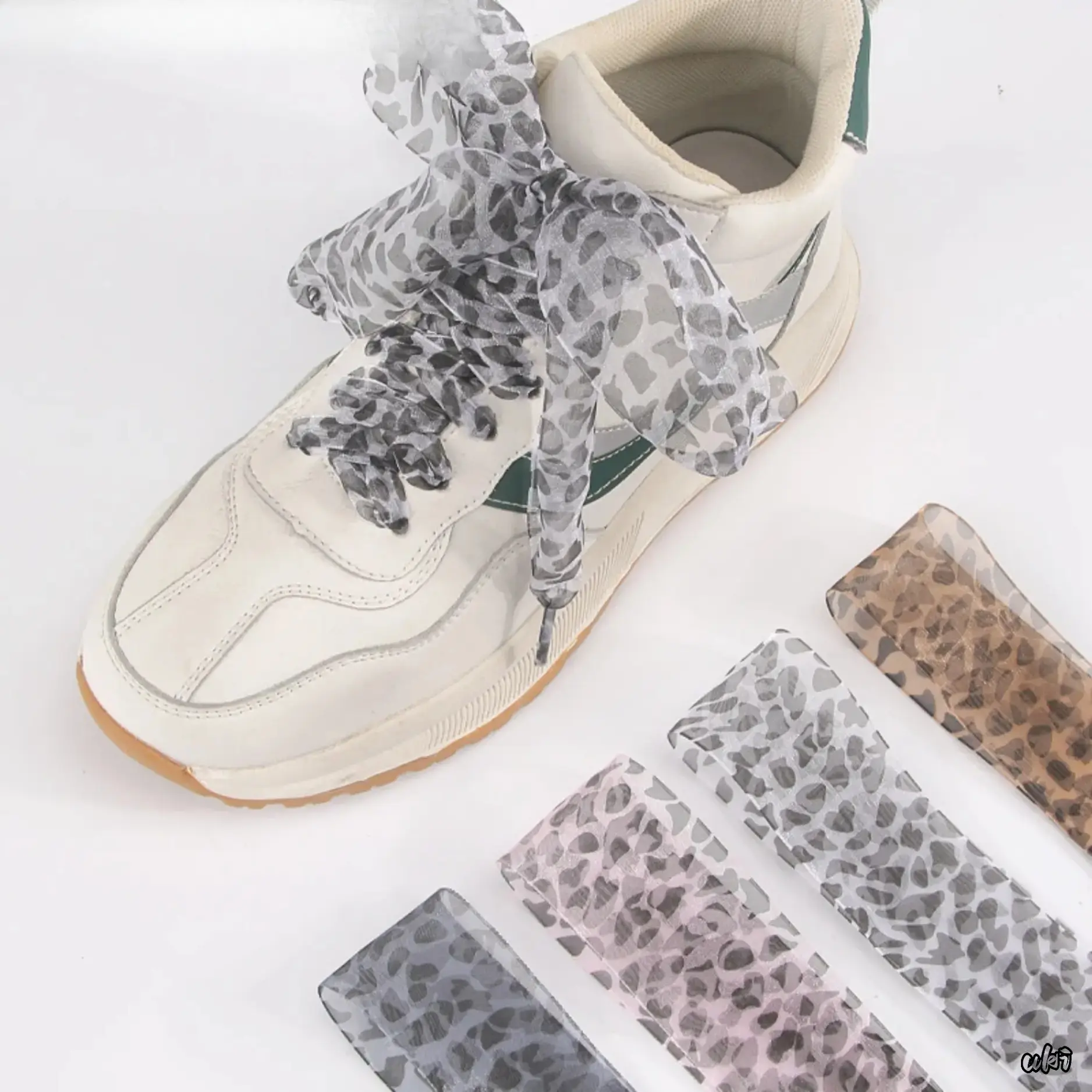 White Leopard Print Extra-Wide 4cm Sheer Organza Ribbon Shoelaces - Casual Wear Lace-Up Sneaker Decor, Universal Size for Sneakers, DIY Bag Accessories