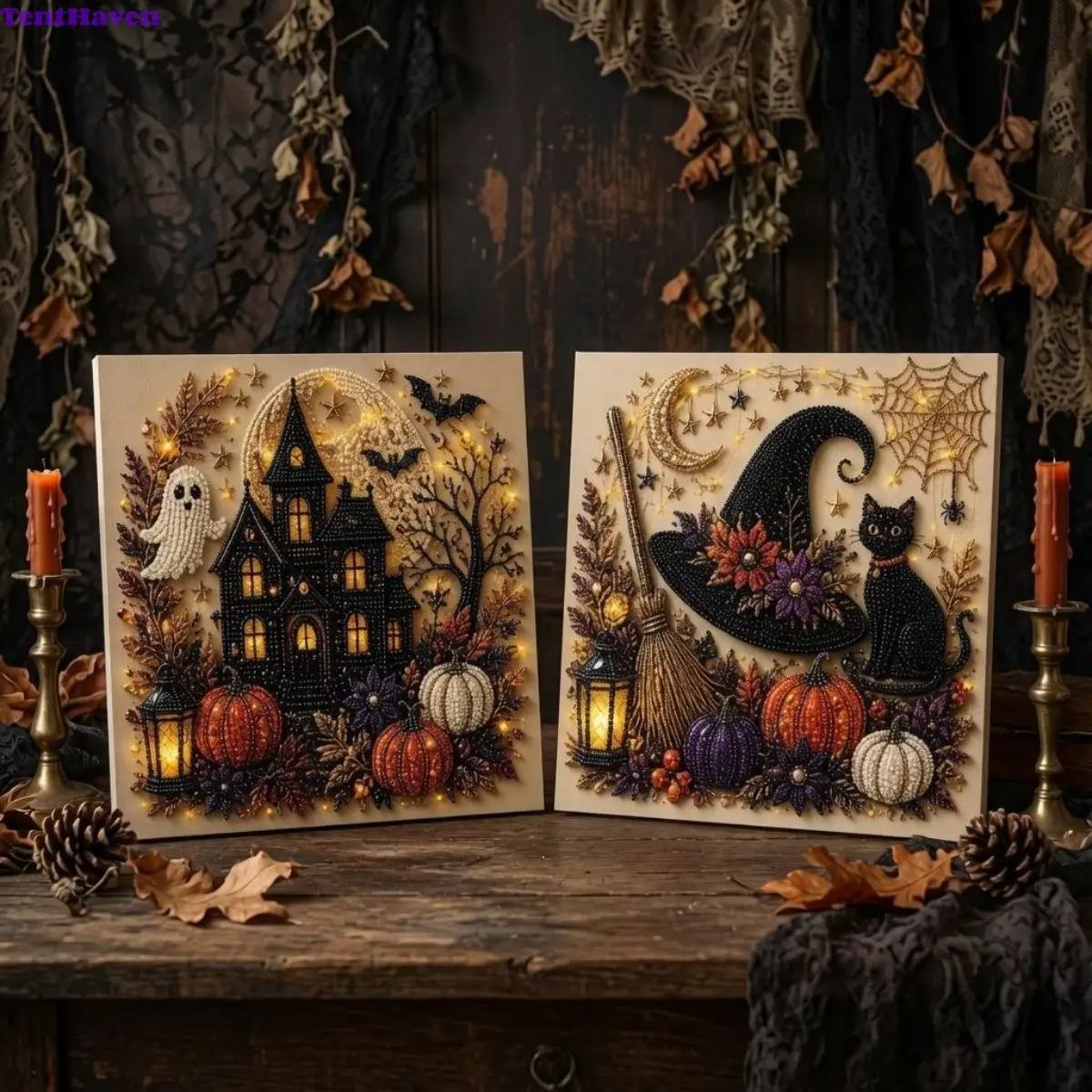 Halloween Diamond Painting Kit Spooky Haunted House Ghost Bat Pumpkin Rhinestone Beaded Canvas Crystal Dot Art Fall Autumn DIY Craft Wall Home Decor Gift For Halloween Party Indoor Tabletop Ornament