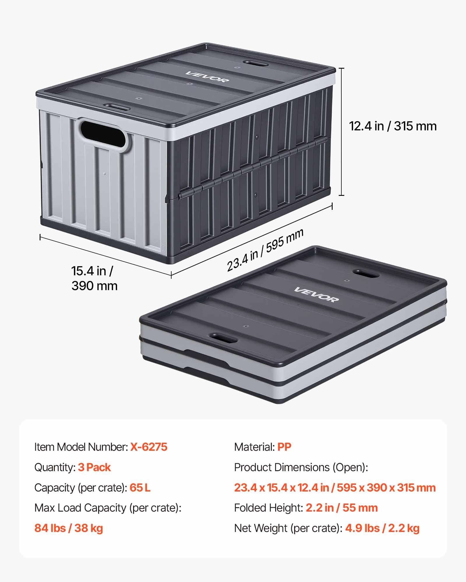 VEVOR Plastic Collapsible Storage Bins with Lids, 65L 3 Packs, Stackable Folding Storage Crates with Handles, Holds 84 lbs Per Bin, Heavy Duty Containers, Space-Saving Baskets, for Home Organizing