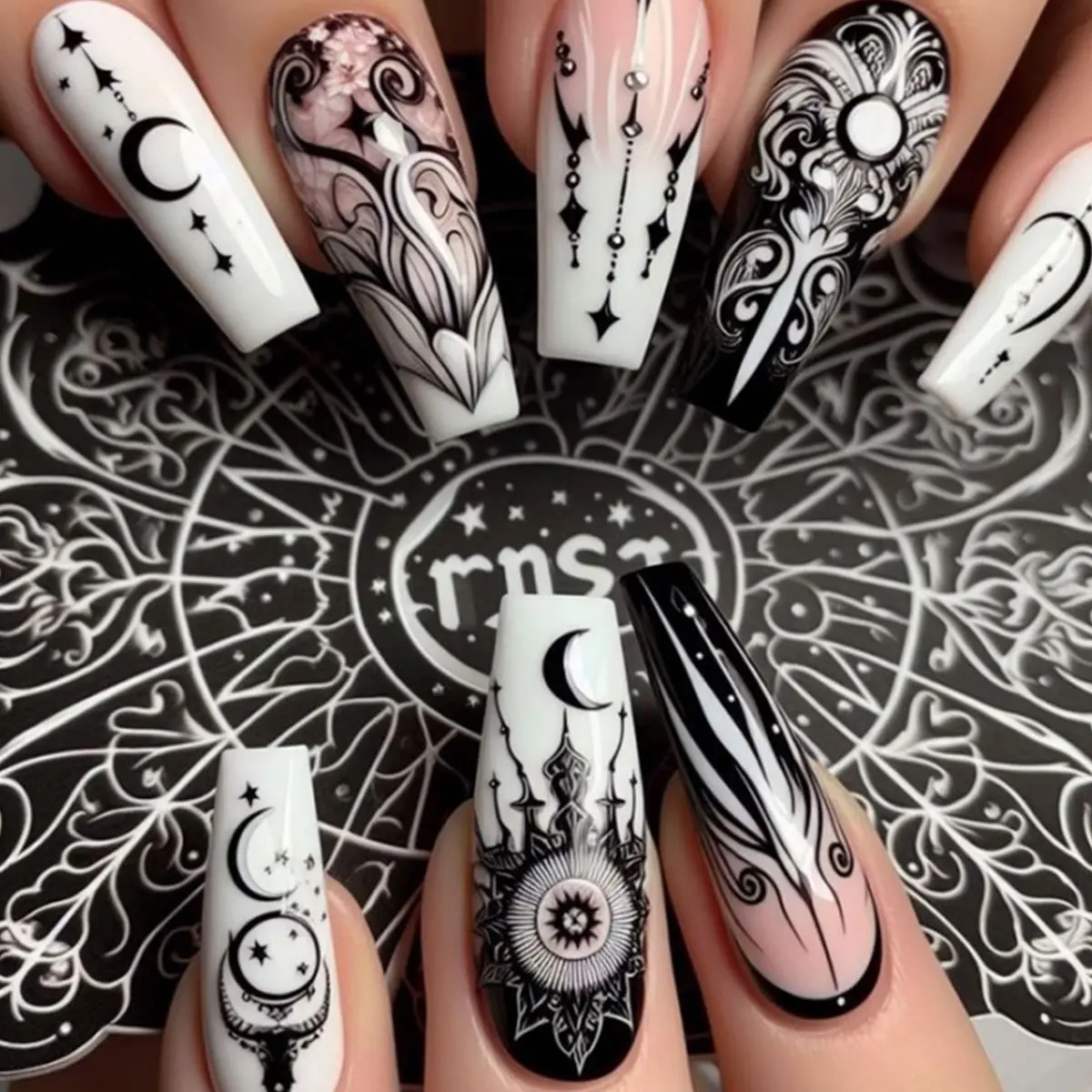 24pcs Y2K Gothic Moon Star Press on Nails, Long Coffin False Nail Tips, Witchy Crescent Star Print, Reusable Fake Nails for Party Cosplay