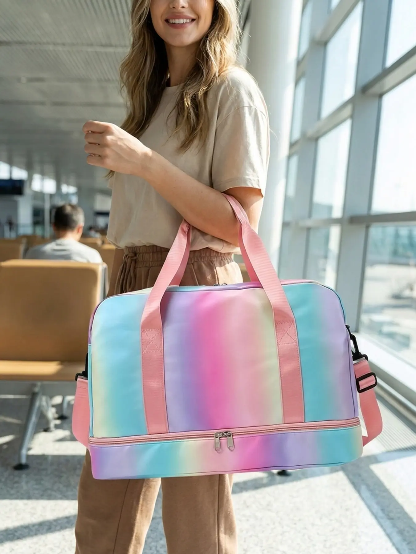 Waterproof Dry And Wet Separated Gym Crossbody Bag, Unisex Color Gradient Large Size Travel Bag With Individual Shoe Pocket, Ideal For Weekend Getaway Yoga Storage
