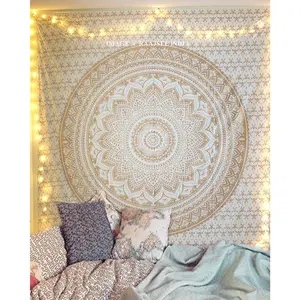 Glittering Gold Tapestry Wall Hanging Mandala Indian Cotton Throw Hippie Tapestries Boho Bedding White Golden Queen Bedspread 82x92 inches Meditation Yoga Rugs Mats