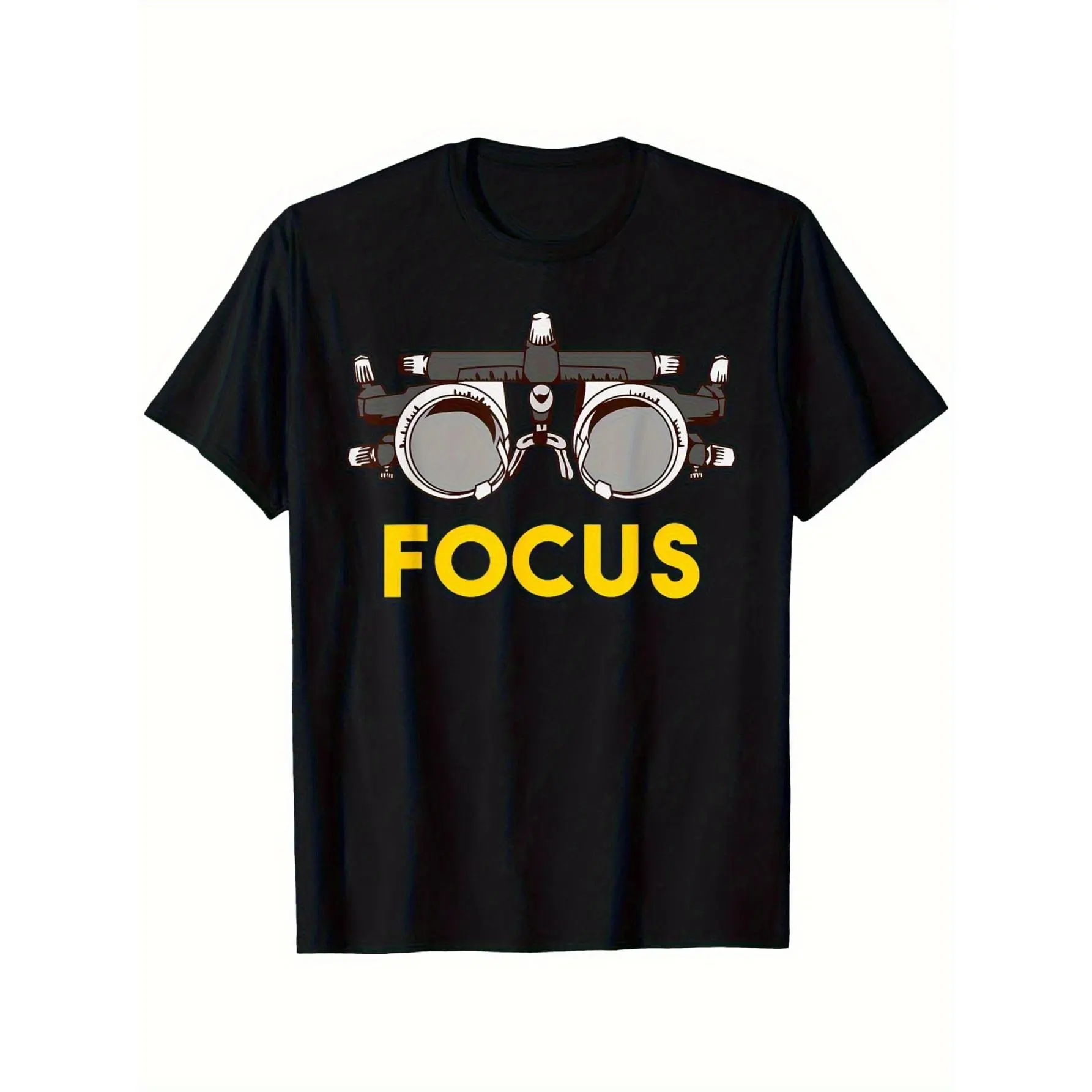 Men's Phoropter Graphic T-Shirt - 1pc Menswear Tops, Short-Sleeve Knit Fabric, Comfort Fit Crew Neck, Geometric Phoropter & FOCU Pattern, Vision Care Apparel for Optometrists/Opticians, Shortsleeve, Round Neck, Stretch, Elastane, Phoropter Motif