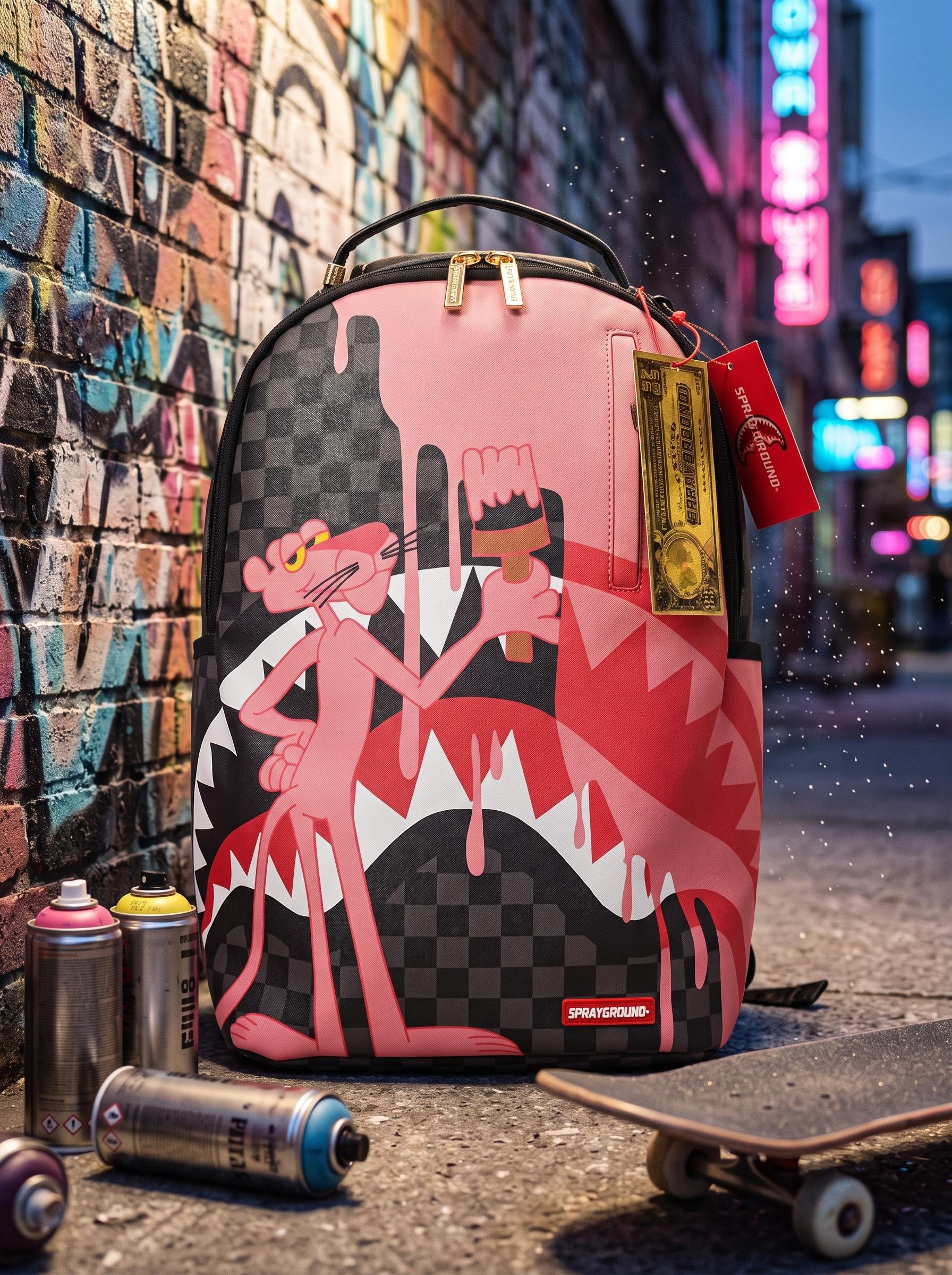 SG Pink Shark Mouth Backpack, Streetwear Graffiti School Bag for Men Women, Trendy Laptop Daypack for Teens