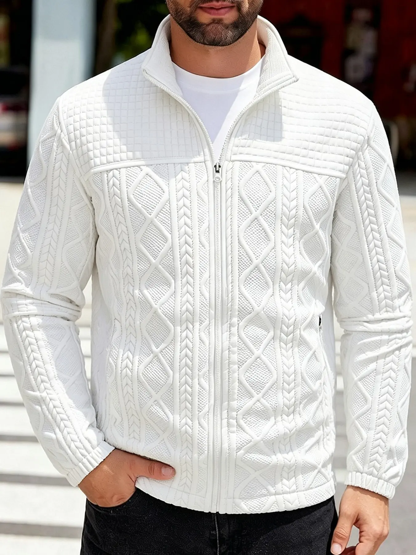 Men White Textured Zip Up Knitwear Jacket Stand Collar Cable Knit Pattern Casual Long Sleeve Cardigan Lightweight Air Layer Coat Business Daily Outerwear