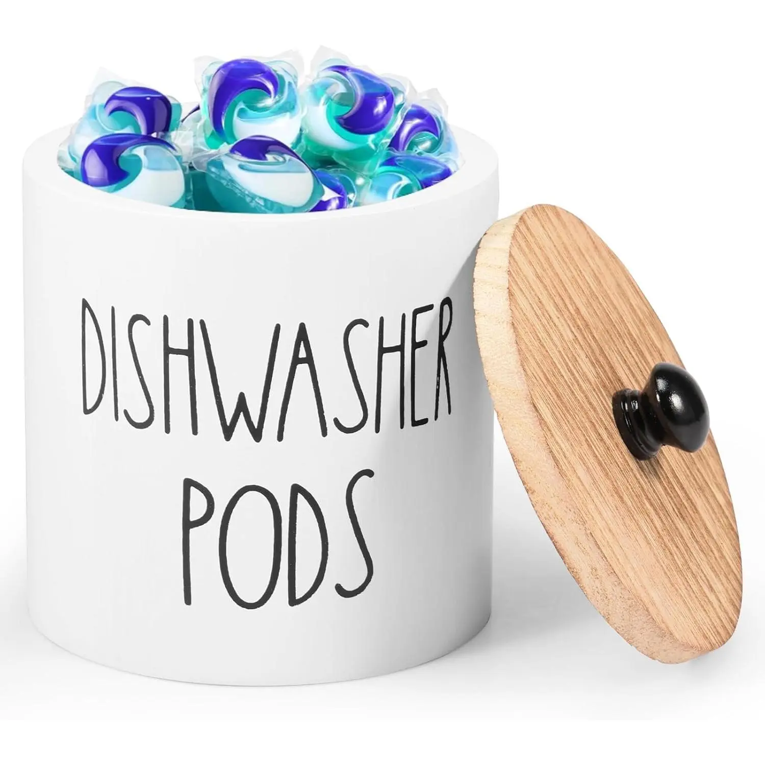 Rustic Round Dishwasher Pod Holder, White Laundry Pods Container, Dishwasher Tablet Container for Kitchen Decor, Laundry Room Organization and Storage Containers with Wooden Lids