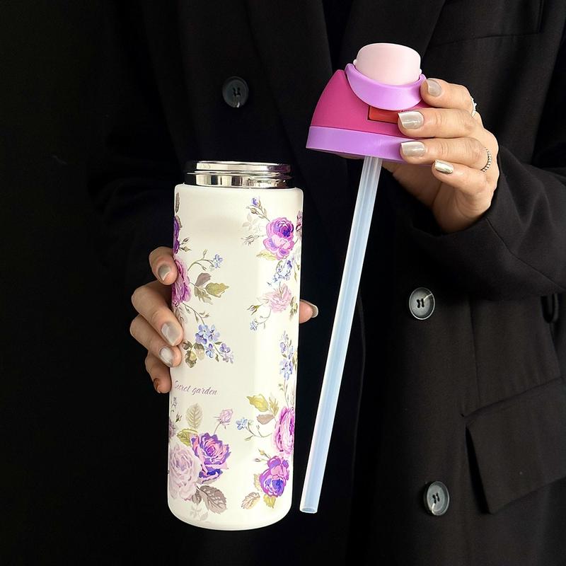 Floral Pattern Vacuum Flask, 1 Count 24oz-32oz-40oz Insulated Double Wall Stainless Steel Water Bottle, Stainless Steel Thermal, Drinking Cup for Home Office School Travel, Drinkware, Insulated Thermos, Stainless Steel Tumbler