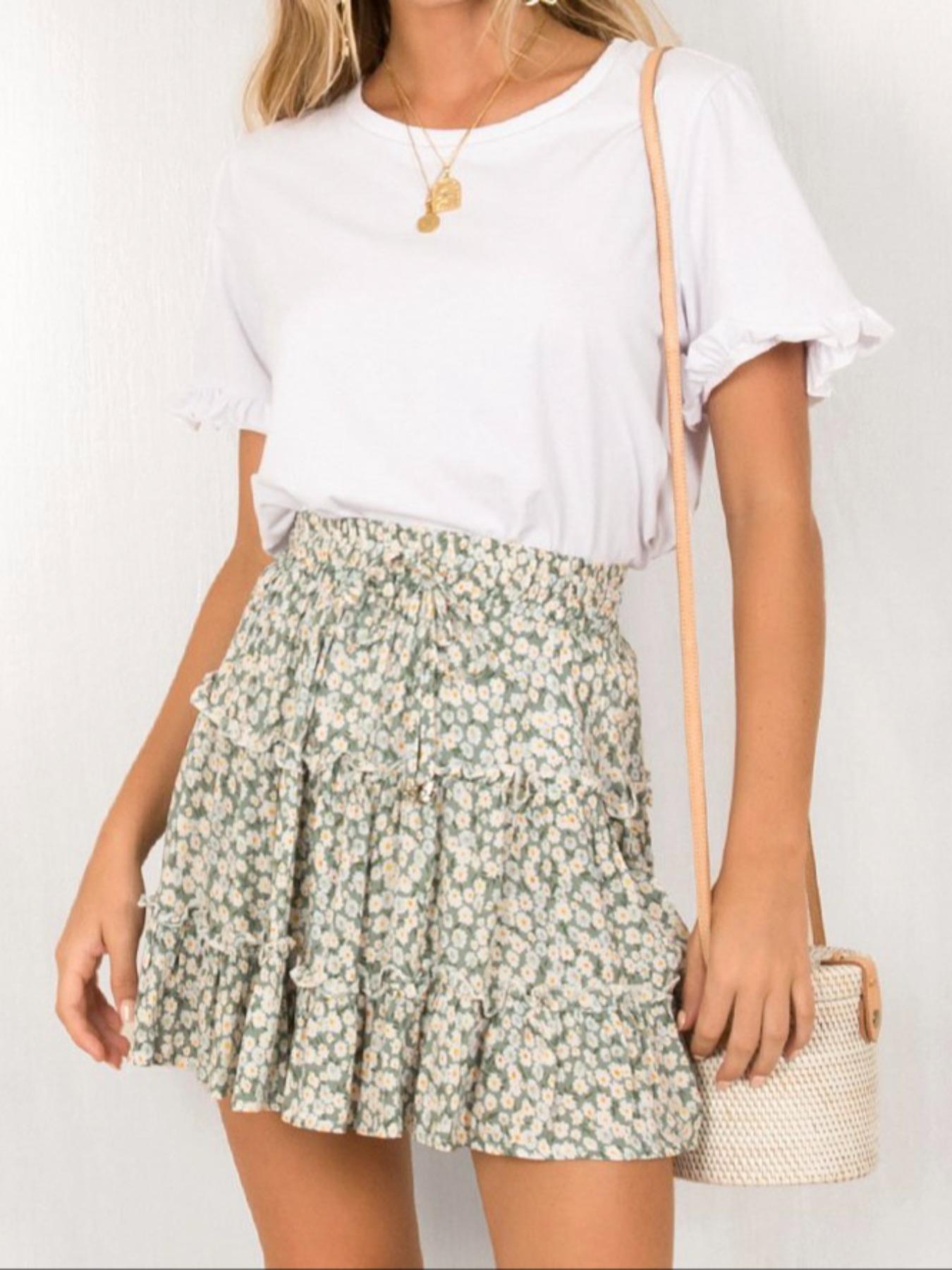 Women's Ditsy Floral Print Tie Waist A Line Skirt, Casual Fashion Short Skirt for Daily Holiday Vacation Wear, Ladies Bottoms for Summer