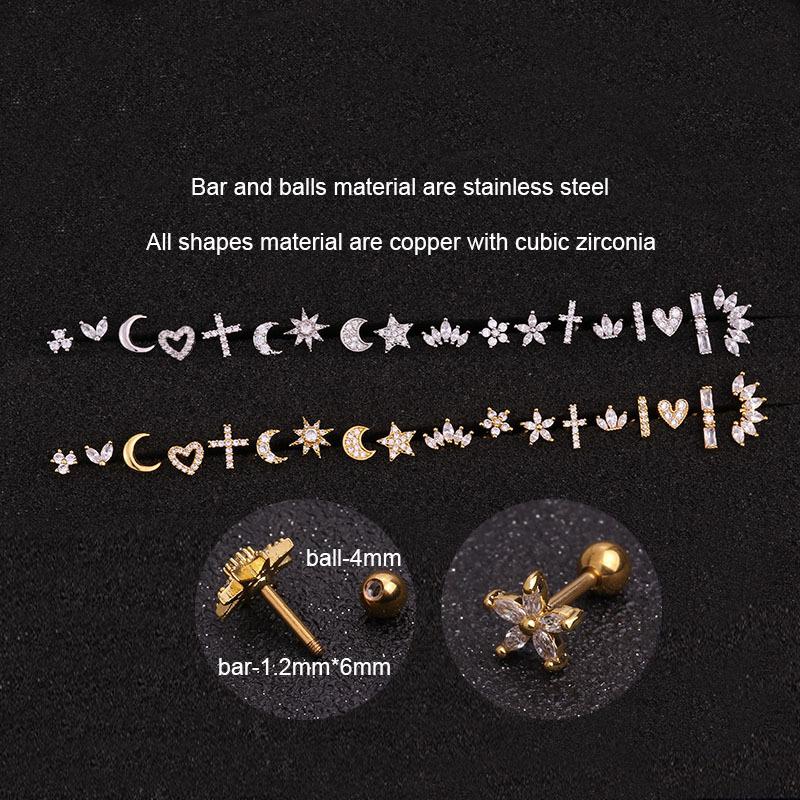 16G Gold CZ Internally Threaded Labret Set, 316L Stainless Steel Cartilage Stud Pack, Hypoallergenic Internally Threaded Nose Studs for Women Men
