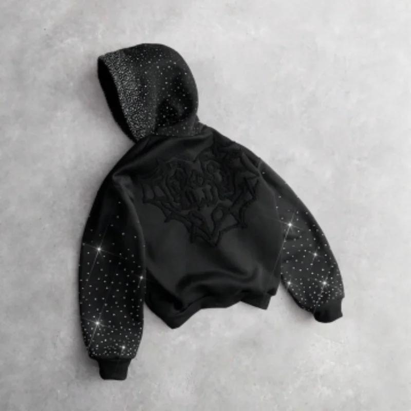 Kyn Apparel Rhinestone Embellished Hoodie Men Women Gothic Embroidery Sparkle Sleeve & Hood Pullover Fall Y2K Streetwear