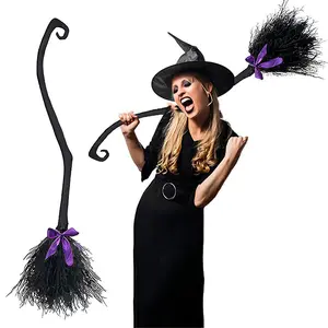 54.5 Inches Witch Broom with Ribbon, Halloween Evil Witch Broom, Costume Party Accessory, Photo Booth Prop, Halloween Decoration