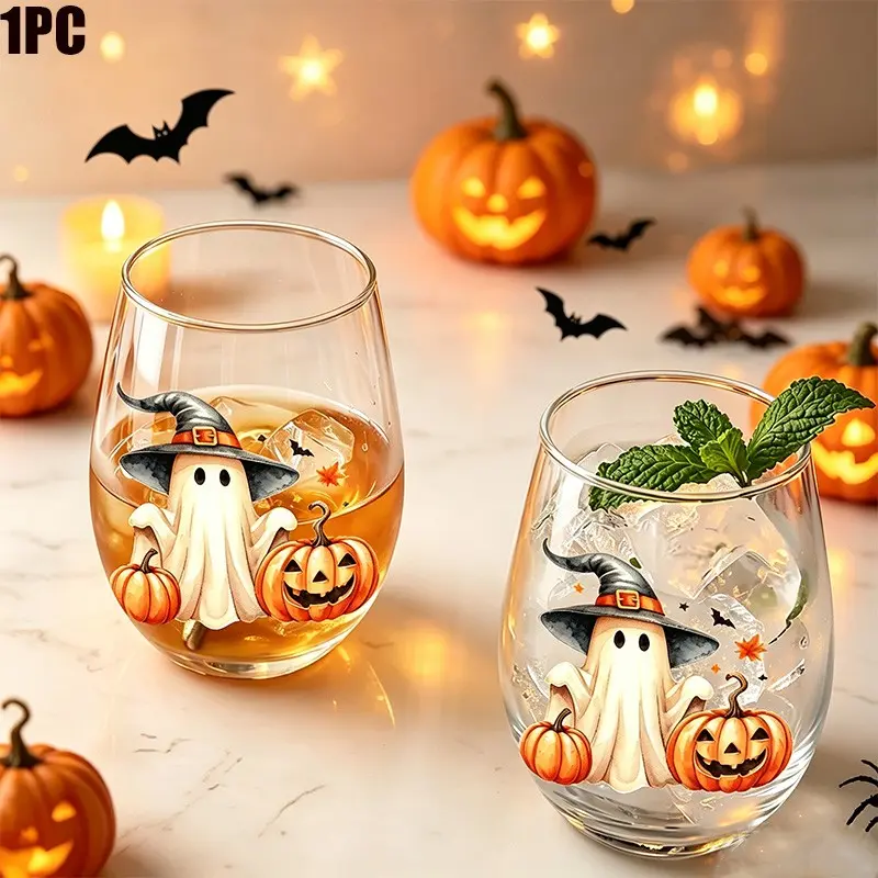 1pc Halloween Theme Egg-Shaped Glass, 12oz/350ml, Drinking Cup, Stemless Wine Glass, Champagne and Whiskey Glass, Reusable, Perfect for Halloween Gifts