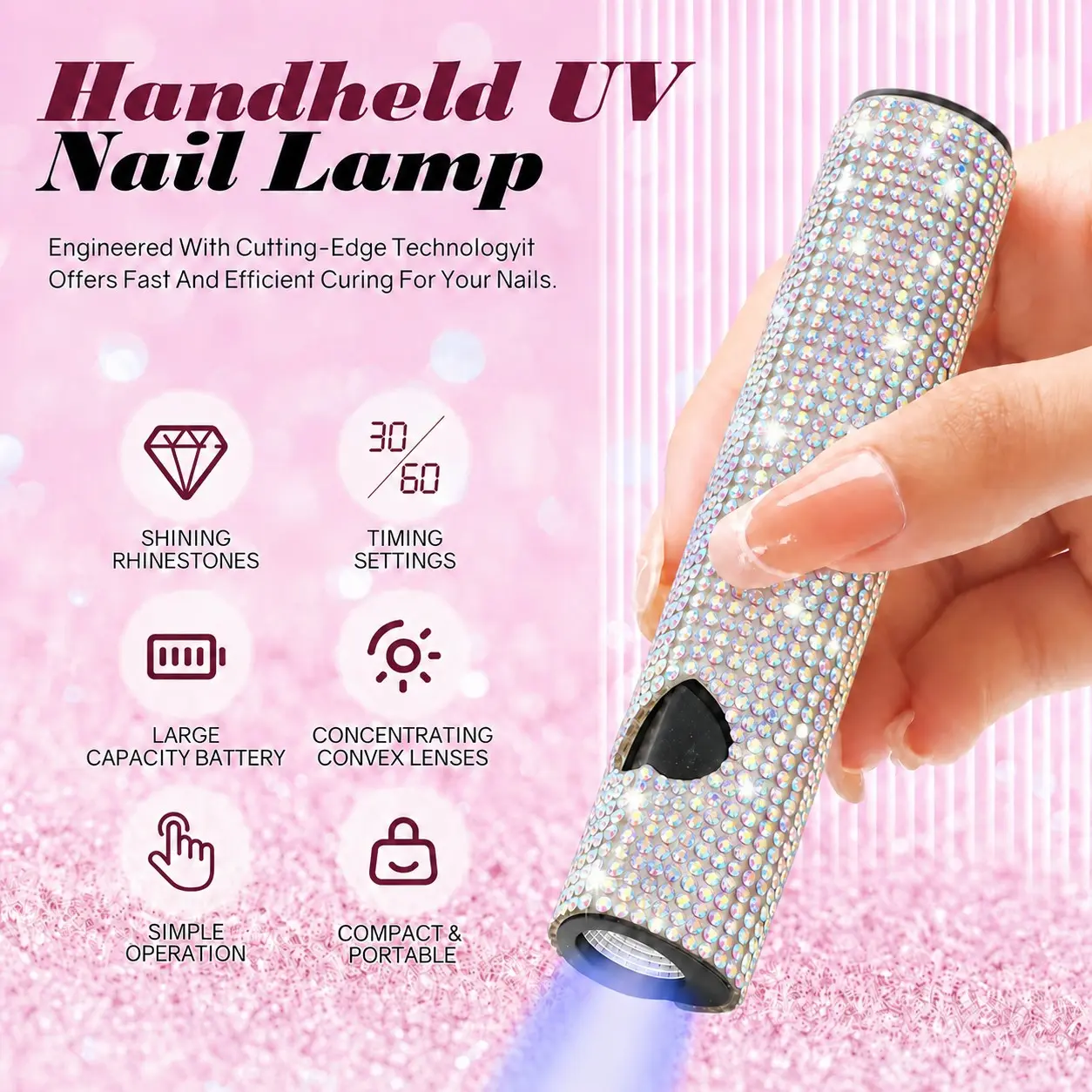 Portable UV LED Mini Nail Lamp, Heart-Shaped Design, USB Rechargeable, 30s & 60s Timer, Ab Rhinestone Sparkle, Easy Nail Care, LED Nail Dryer